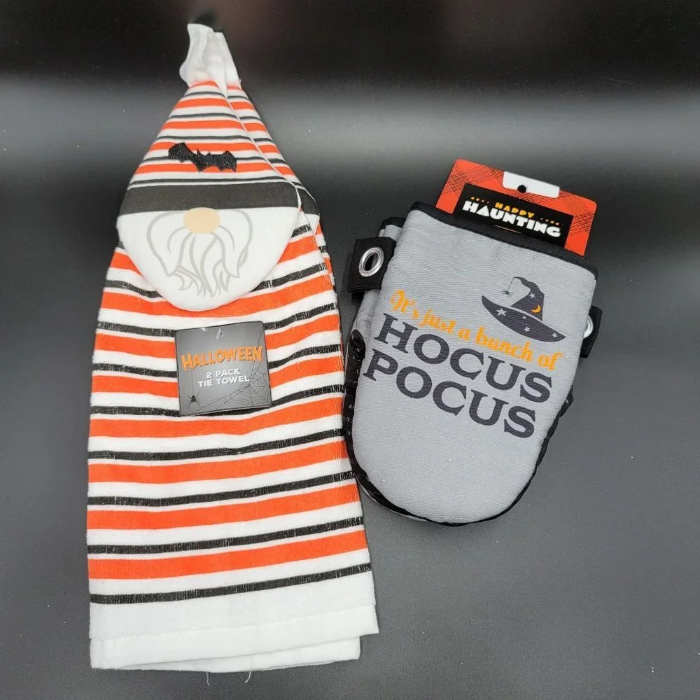 Seasonal Kitchen Linen Set 4 pc Gnome Towel Hocus Pocus Oven Mitt Linens